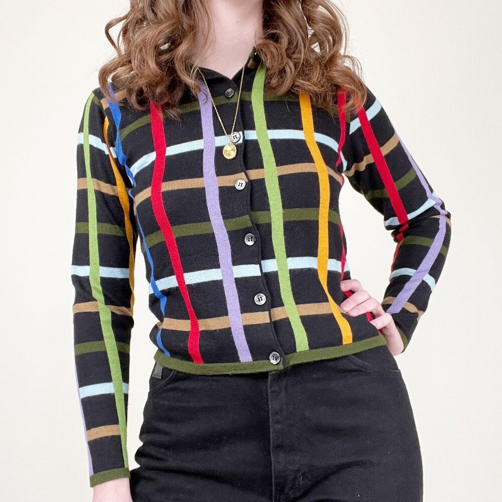 Vintage Plaid Knit Wool Crop Cardigan Sweater Preppy Colorful Rainbow Cropped - Picture 4 of 6